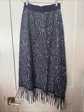 Navy Patterned Fringe Maxi Skirt - Women's